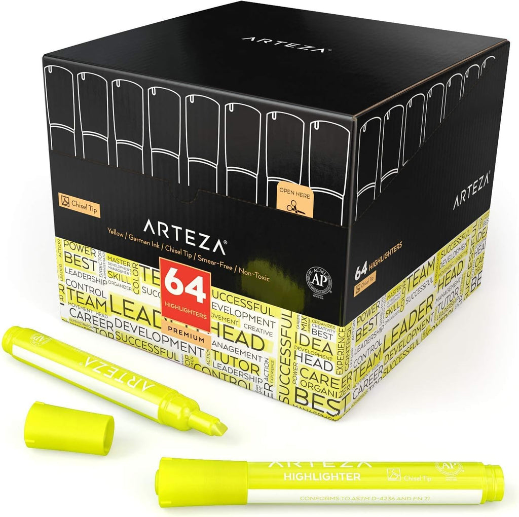ARTEZA Yellow Highlighters in Bulk, Pack of 64, Chisel Tip Markers