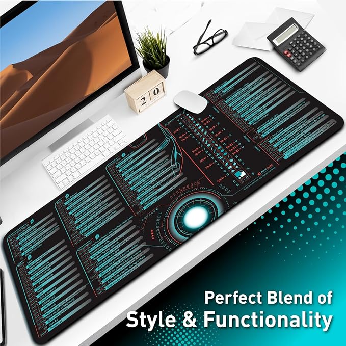 Windows, Office, Excel, Adobe Photoshop Shortcut Keys Extended Large Mouse Pad | Gaming Desk Mat for PC. Stitched Edge Non-Slip Base Mousepad, Keyboard Mat