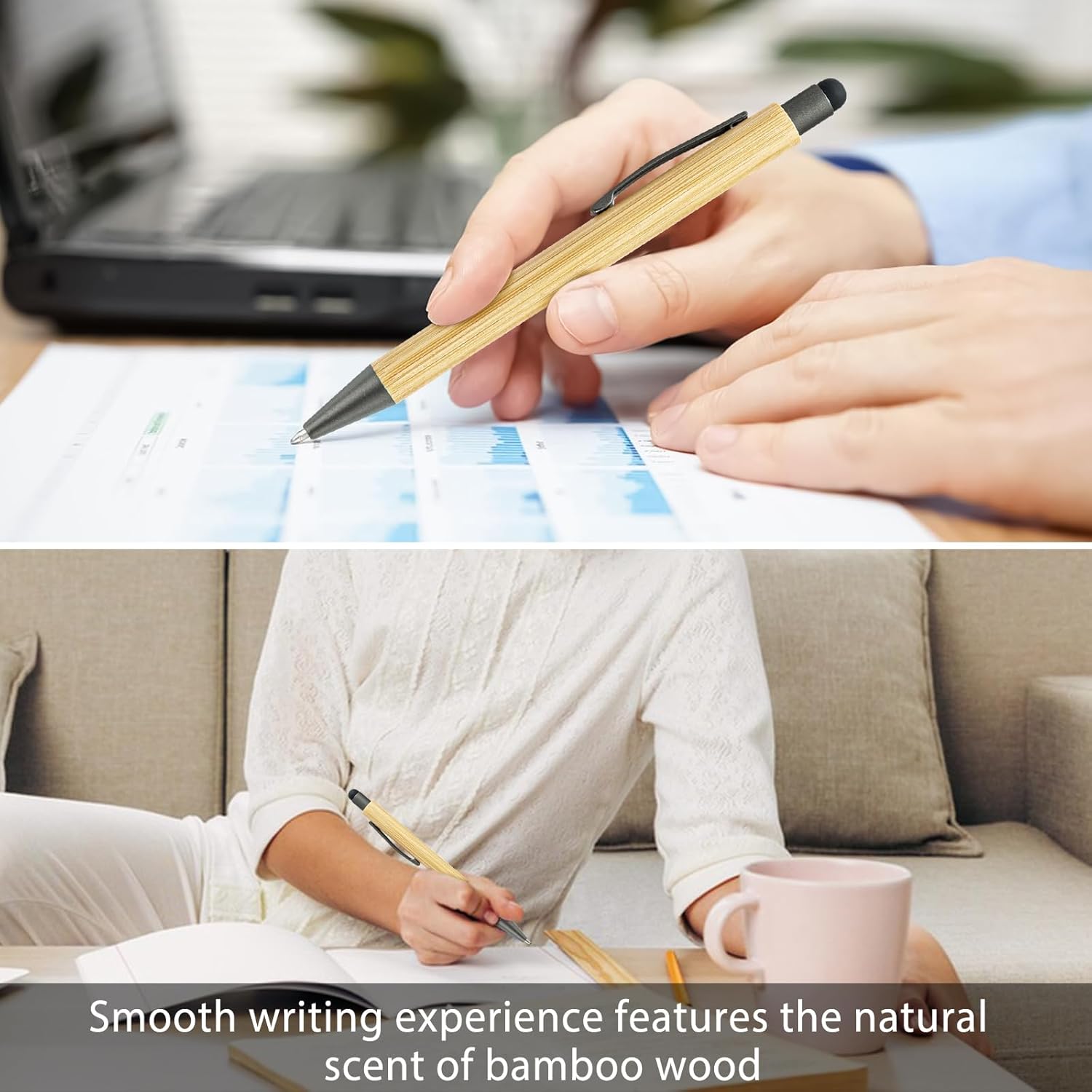 100pcs Bamboo Pens Bulk with Touch Stylus Tip Wooden Bamboo Pens Engraving Wooden Ballpoint Pen Customizable Gift Pen Bulk Grey