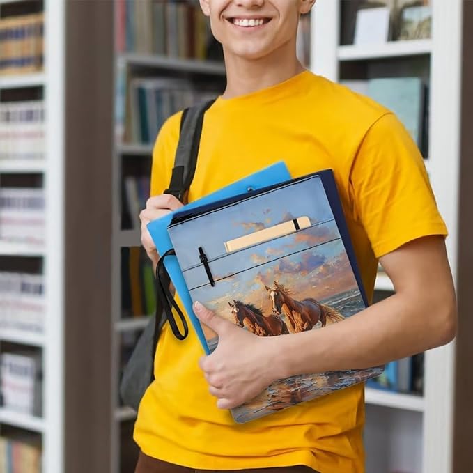 COEQINE Horses Themes Large Black Book Cover Case Zippered Organizer for School Teacher Student Hardcover Book Sleeves Cover with Pen Holder Beach Horse Sunset Pattern Book Sleeves