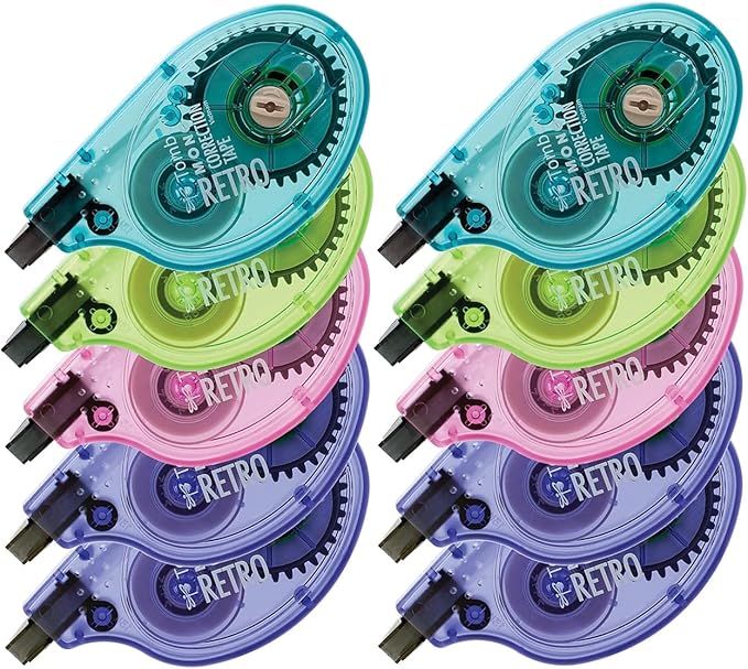 Tombow 68723 MONO Original Correction Tape, Asst RetroColor Applicators, 1/6-Inch x 394-Inch, 10/Pack