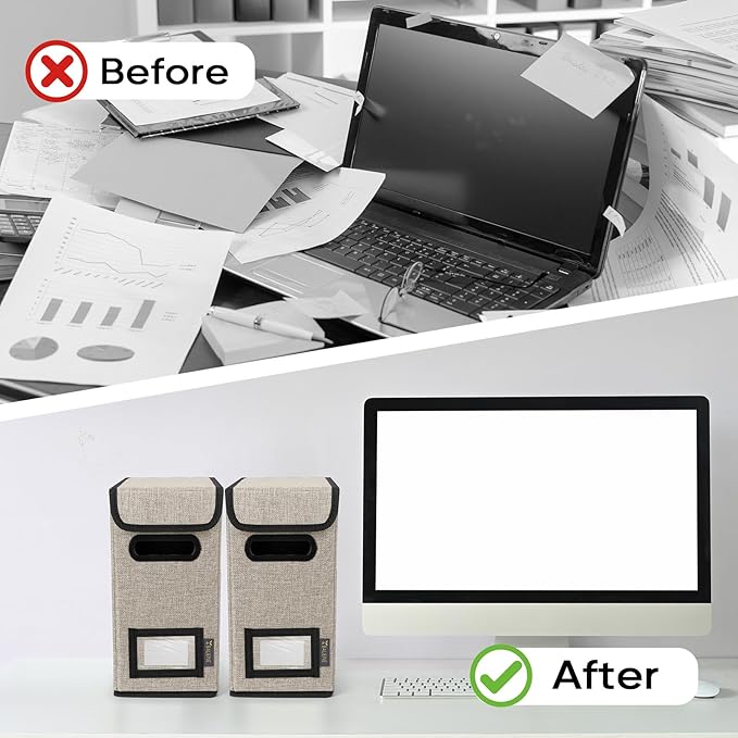 BALEINE File Organizer Box with Lid, Collapsible File Folder Organizer with Plastic Slide, Hanging File Folder Box for Office Document Storage (1 Pack, Beige, S)