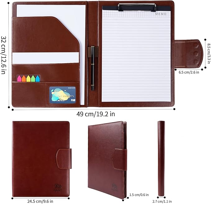 PU Leather Padfolio,A4 Leather Folder Binder Storage Clipboard with Magnetic Closure Cover,Business Resume Folder with Luxury Pen,Notepads,Sticky Tabs for Interview,Conference,Gift Portfolios (Brown)