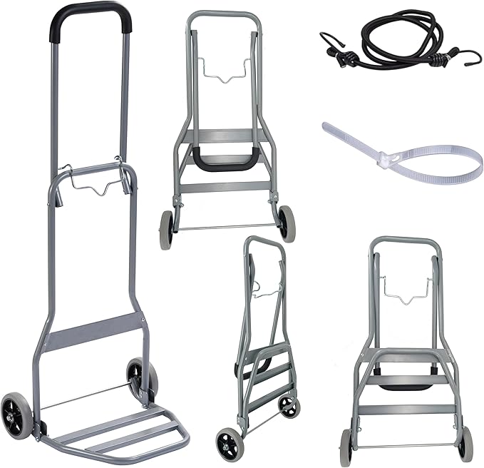 Folding Hand Truck with Silent Wheels, 165lbs Luggage Dolly Foldable Dolly Cart Lightweight Portable Folding Dolly Hand Cart Heavy Duty Utility Cart for Home Office Travel Use (Gray 2 Rubber Wheels)