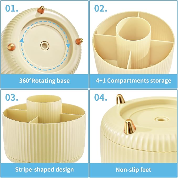 Marbrasse Desk Organizer, 360-Degree Rotating Pen Holder for Desk, Desk Organizers and Accessories with 5 Compartments Pencil Organizer, Art Supply Storage Box Caddy for Office, Home (Yellow)