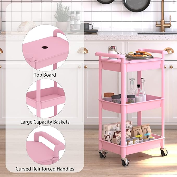 3-Tier Utility Rolling Cart with Cover Top Board, Mobile Utility Cart with Lockable Casters Multi-Functional Storage Trolley for Office, Bathroom, Kitchen, Garden, Laundry Room (Pink)
