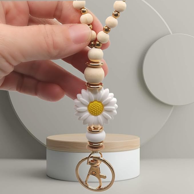 Wooden Teacher Lanyards for Id Badge Cute Flower Wood and Gold Beaded Lanyards for Women for Nurse Badge