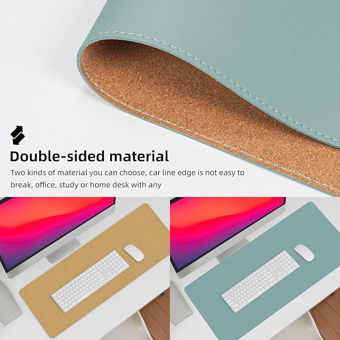 Leather Desk pad Protector, Large Desk mat with Natural Cork & PU Leather,Mouse pad,Non-Slip Office Desk Mat,Waterproof Desk Writing Pad for Office and Home (47in*23.7in, Light Blue)