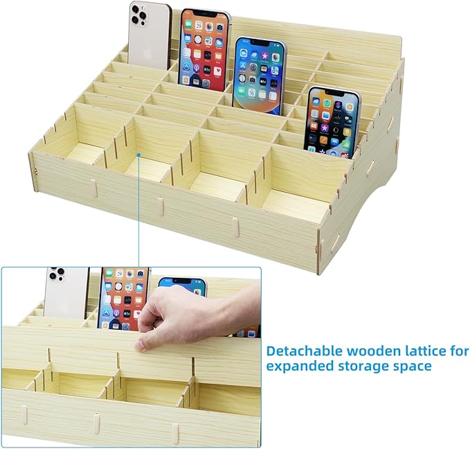 HengTianMei 48 Grid Wooden Desktop Storage Box Mobile Phone Management Storage Box Creative Desktop Office Meeting Finishing Grid Multi Cell Phone Rack Display