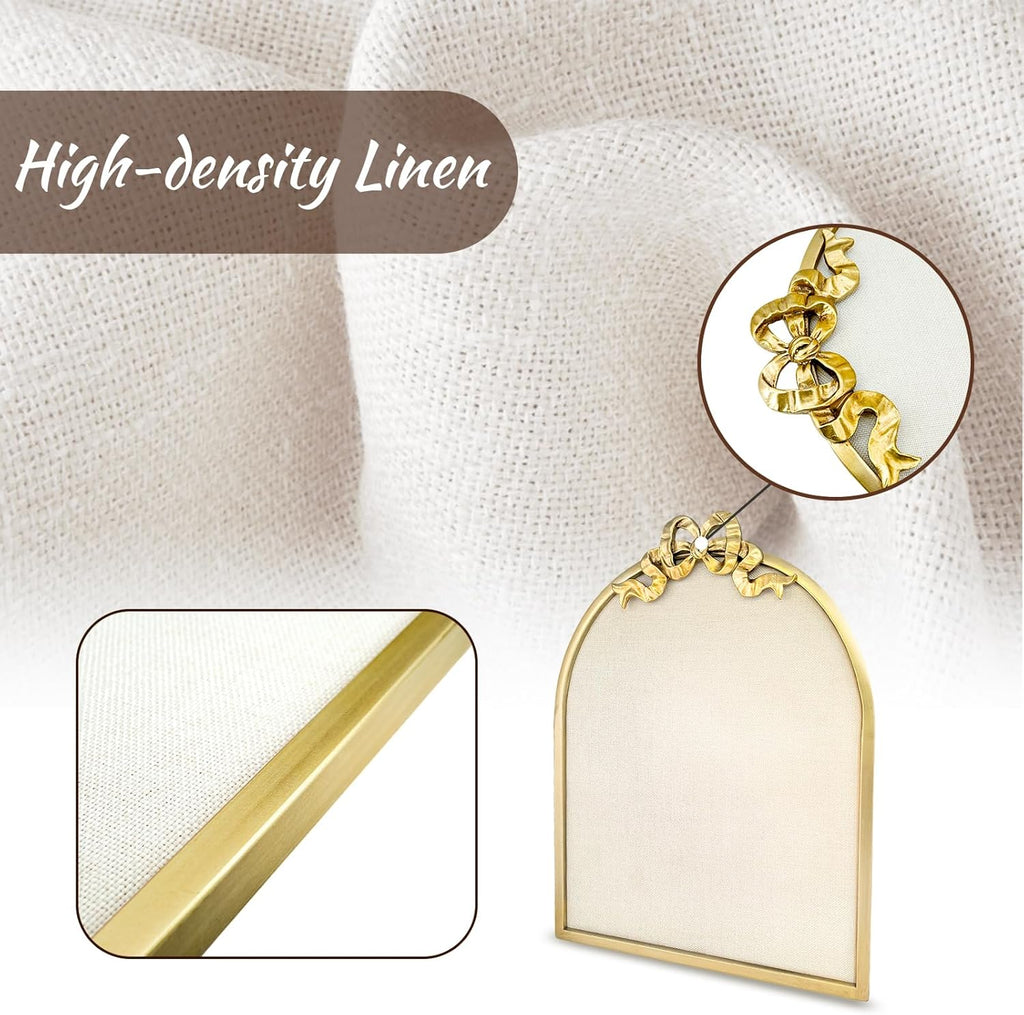 Vintage Arched Linen Cork Board with Gold Bowknot – Decorative Bulletin Board for Walls, Iron Frame Pin Board for Notes, Photos & Reminders, Elegant Vision Board for Home & Office 16"x21"