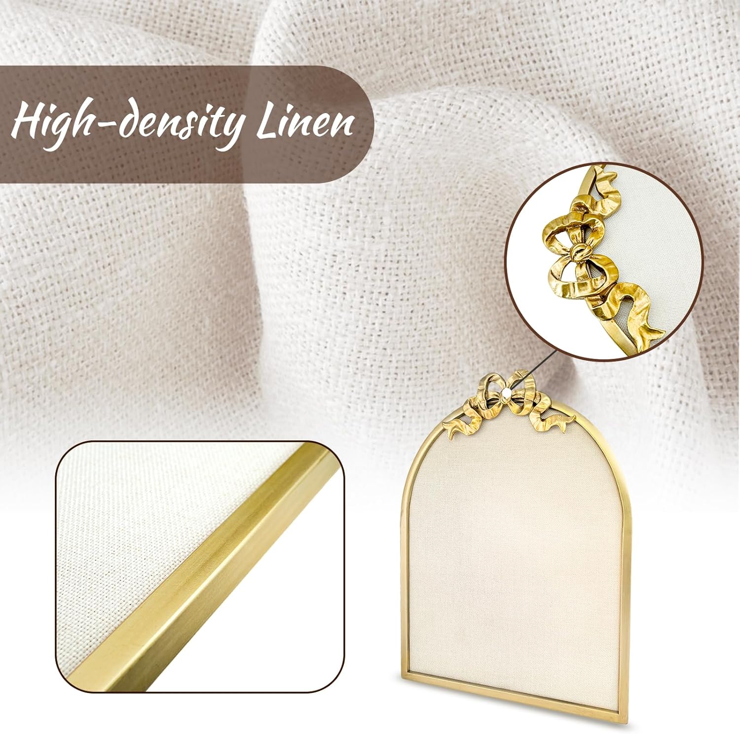 Vintage Arched Linen Cork Board with Gold Bowknot – Decorative Bulletin Board for Walls, Iron Frame Pin Board for Notes, Photos & Reminders, Elegant Vision Board for Home & Office 16"x21"