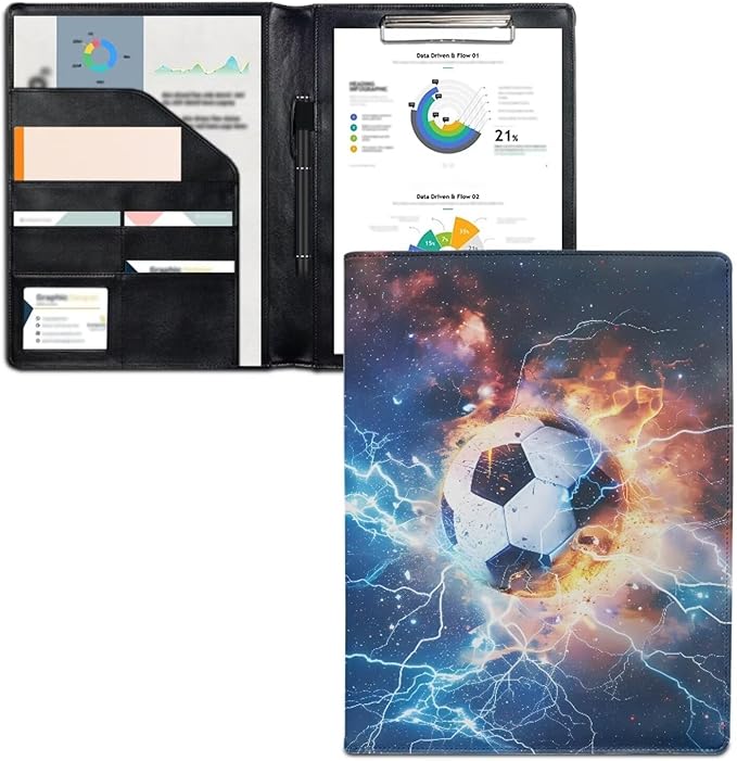 Cozeyat Fire Soccer Padfolio for Men PU Leather Portfolio Folder for Documents, Writing Pad for Business School Office Conference Notepad Clip Boards