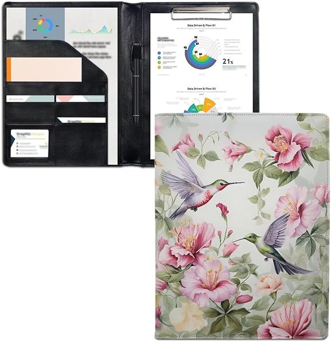 Hummingbird Pink Flower Portfolio Folder Leather Padfolio with A4 Size Clipboard Clip for Business Resume Interview Document Sleeve Binder Folder for Men/Women
