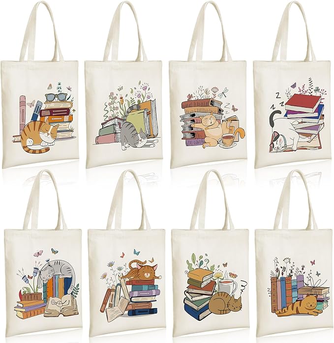 Sweetude 8 Pack Christmas Book Club Gifts Book Lovers Tote Bag Bulk Bookish Canvas bag Librarian Readers Gifts for Women(Cat)