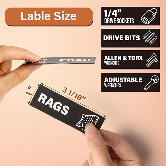 Toolbox Organization Magnetic Labels 80 Pcs, Tool Organizer Icon Labels with Strong Magnets, Toolbox Widget Stickers Accessories, Fits All Brands of Steel Tool Chest Organizer, 3" x 1"