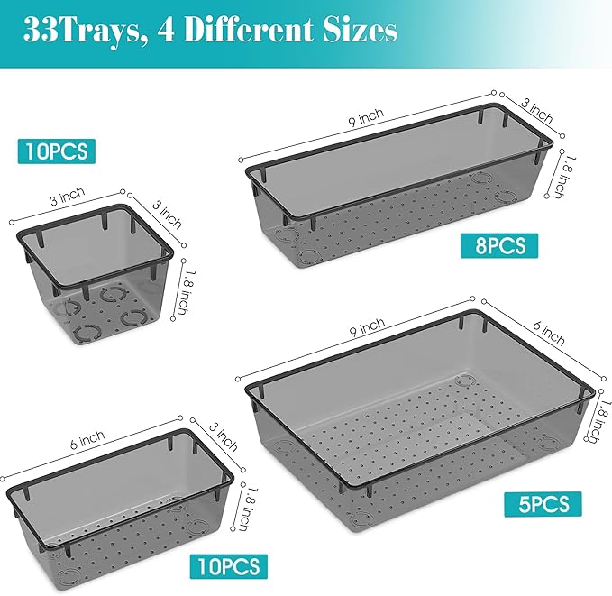 33 PCS Clear Plastic Drawer Organizers Set, 4 Size Desk Drawer Organizer Trays for Makeup, Jewelry, Kitchen Utensils, Gadgets and Office Accessories, Black