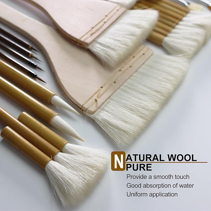 Pottery Brushes for Glazing,15 Pcs Ceramic Brushes Set with Storage Box Wool Bamboon Hake Brushes for Pottery Acrylic Watercolor