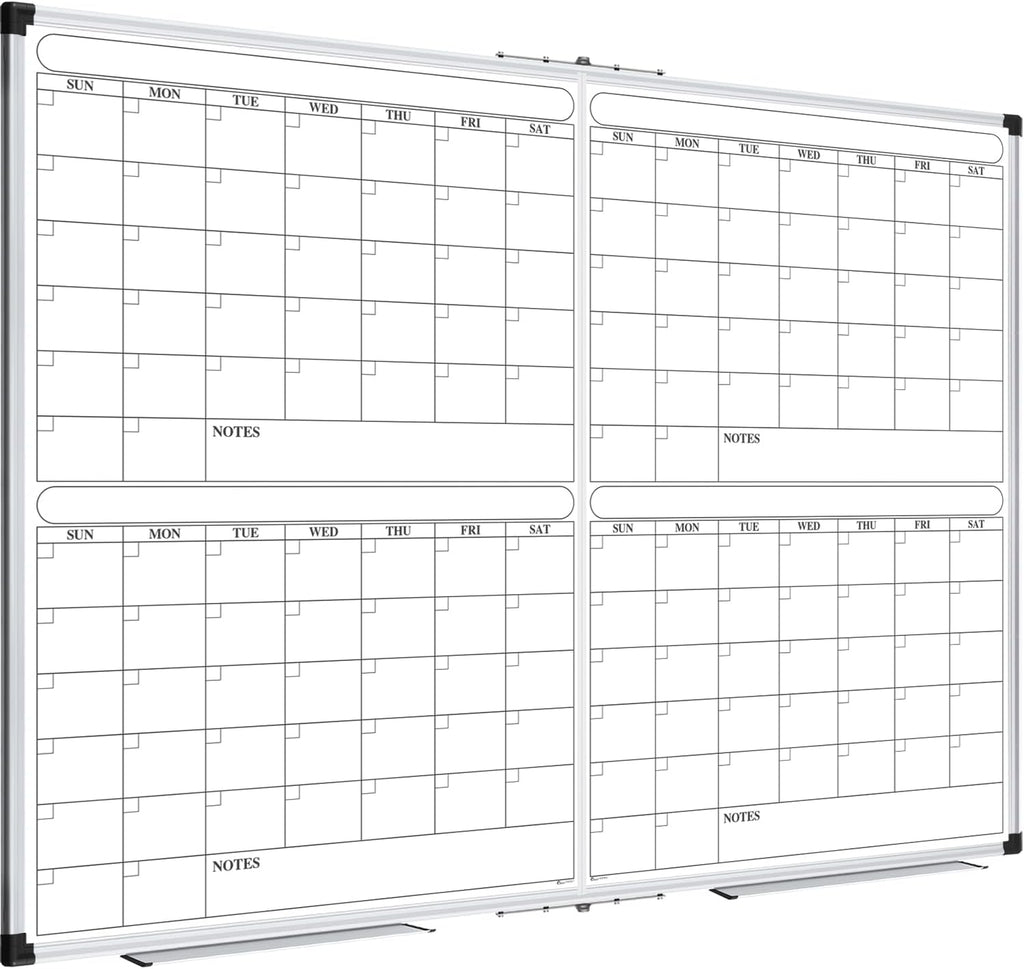 XBoard Magnetic Calendar Whiteboard 48x36 inch, 4 Month Foldable Dry Erase Board Planner, Silver Aluminium Framed White Board Calendar for Home School Office Organization