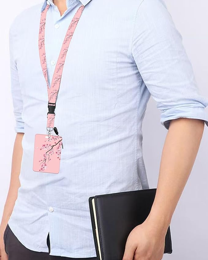 ID Badge Holder with Retractable Lanyard and Keychain, Badge Reel with Rotate Carabiner Clip,Pink Blooming Flower Card Name Tag Lanyard ID Protector Bage Clips for Student, Women, Office