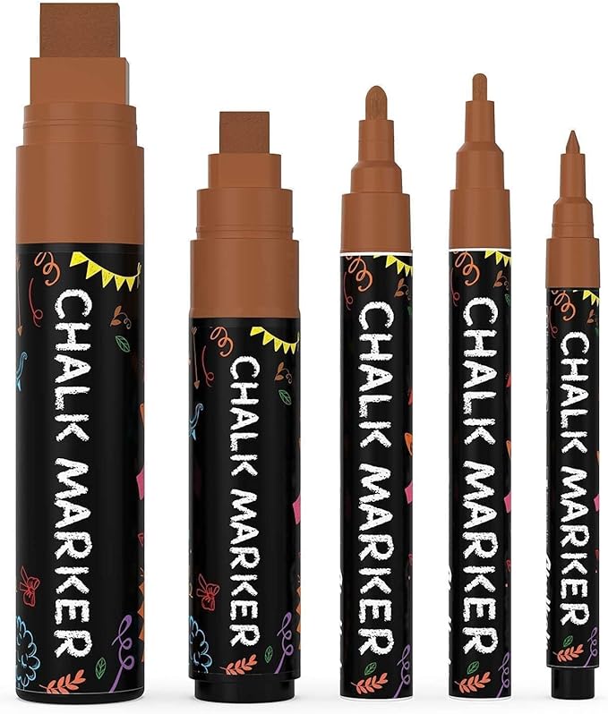 5 Brown Chalkboard Chalk Markers - Brown Dry Erase Markers for Blackboard, Chalkboard Signs, Windows, Glass | Variety Pack - Fine & Jumbo Size Ink Pen (1mm, 3mm, 6mm, 10mm, 15mm)