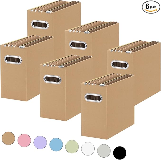 Oterri File Organizer, Small Storage Box, Cardboard File Folder Organizer, Collapsible File Box, Hanging File Organizer for Letter Size, Portable File Box with Handle, Only Box (Brown,6 Packs)