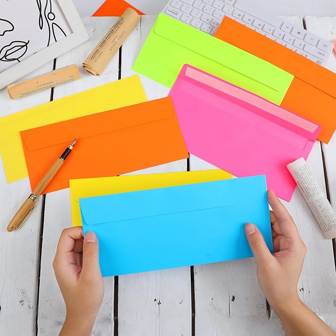 500 Pcs #10 Business Envelopes Adhesive Standard Envelopes Colored Envelopes for Office Check Invoices Letters Letterhead Invitations Announcements 4-1/8 x 9-1/2'' (Neon Color)
