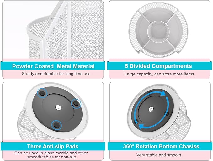 Sturdy Rotating Pen Holder, Cute Metal Pencil Holder, Large Mesh Pen Organizer for Desk, Premium Friendly Office Desk Accessories & Workspace Organizers Pearl White