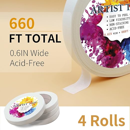 4 Packs White Artist Tape for Watercolor Paper Drafting Art Low Tack Masking Tape Acid Free Painter Watercolor Tape for Painting Canvas Framing, 0.6inch Wide 660FT Long Total