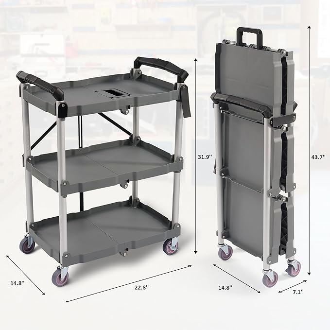 ELEVON Portable Folding Collapsible Service Cart Foldable Service Cart 3 Tier Collapsible Push Cart Folding Utility Carts with Wheels for Office Warehouse Home, Black
