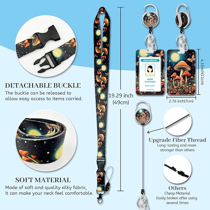 Lanyards for Id Badges, Mushroom Badge Holder with Retractable Reel Clip, Cute Work Name Tags Keychain Lanyard ID Card Protector Cover Case for Women Teacher Nurse Nursing Doctor Office