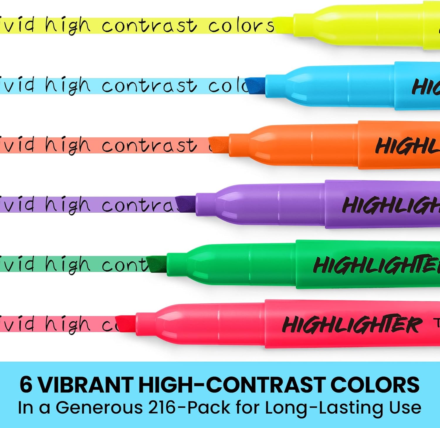 Taja 216 Pack Highlighters Bulk Assorted Bright Colors, 6 Colors Chisel Tip Highlighters Markers Set with No Bleed Ink, Perfect for School & Office Supplies