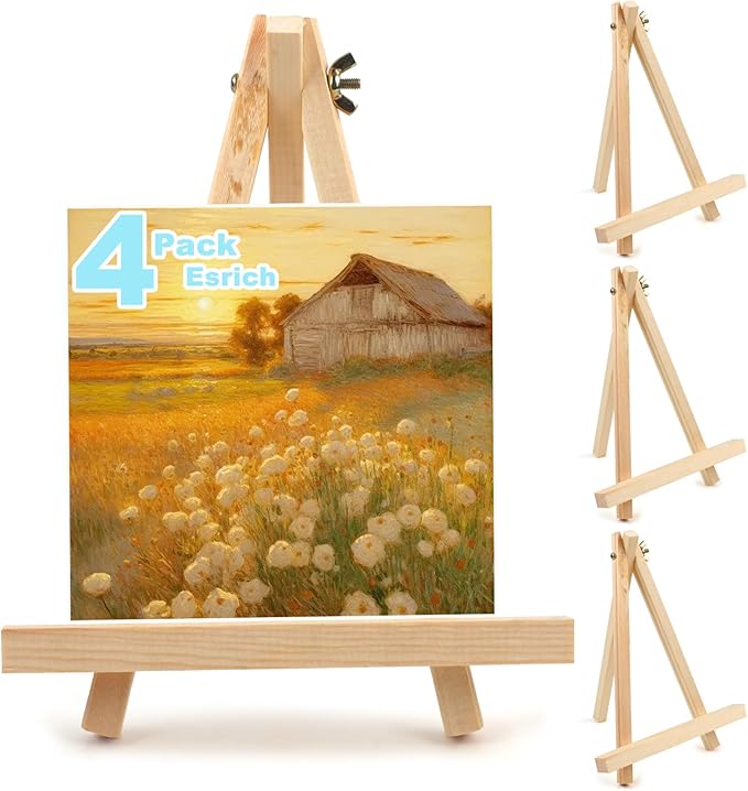 4PCS 9 Inch Wood Easels, Tripod, Painting Party Easel, Kids Student Tabletop Easels for Painting, Easel Stand for Painting Canvases, Portable Canvas Photo Picture Sign Holder.