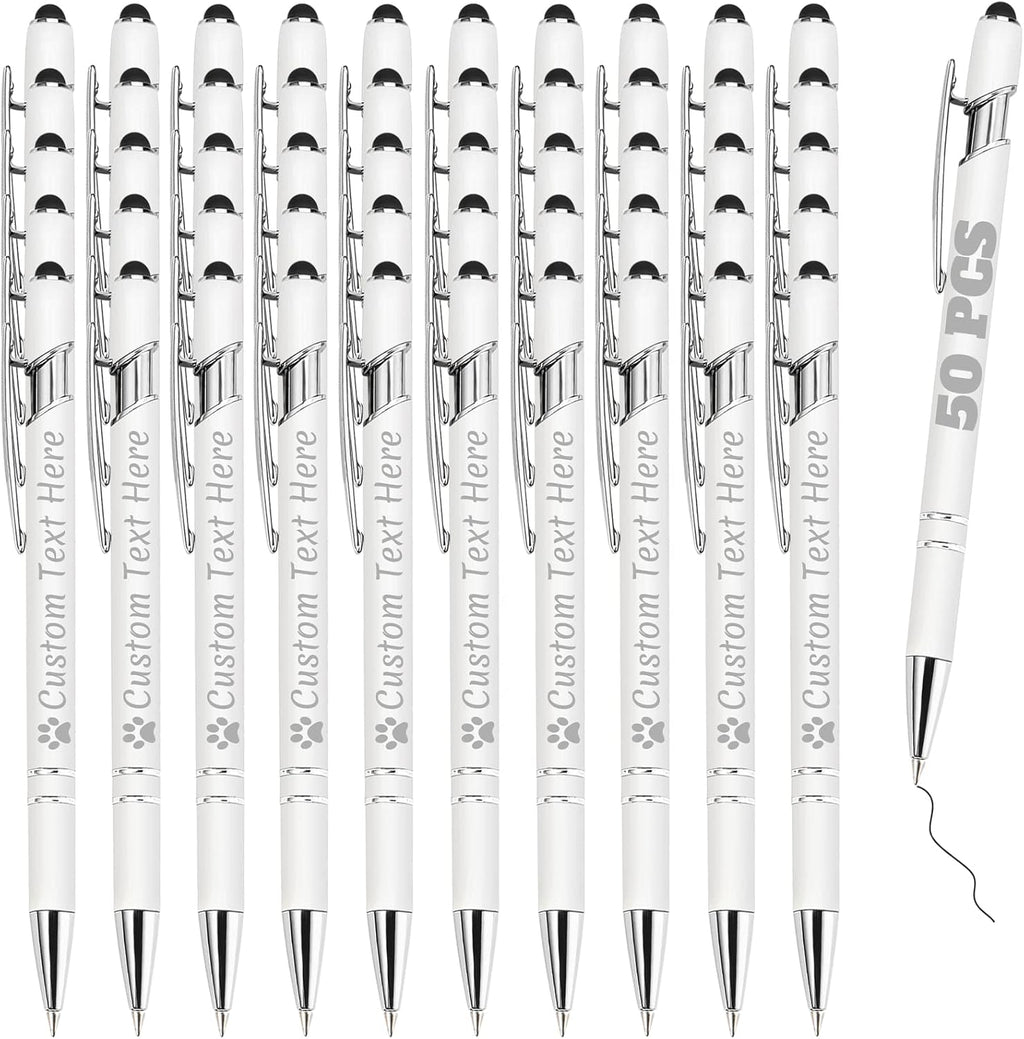 Personalized Pens Bulk 50 with Name Custom Engraving Ballpoint Pens with Stylus Tip Customized Smooth Writing Pens Personalized Gifts for Anniversary Birthday or Graduation(White,Black Ink)