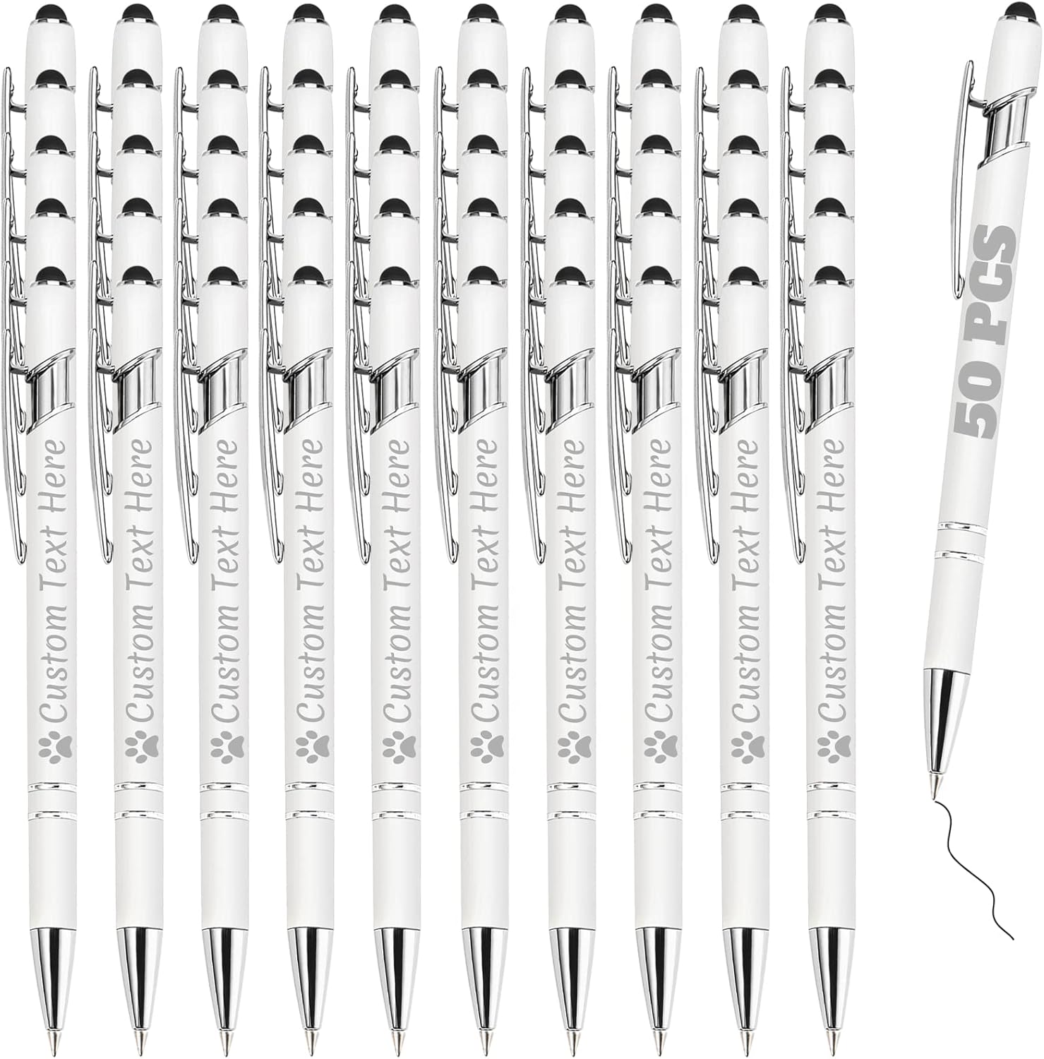 Personalized Pens Bulk 50 with Name Custom Engraving Ballpoint Pens with Stylus Tip Customized Smooth Writing Pens Personalized Gifts for Anniversary Birthday or Graduation(White,Black Ink)