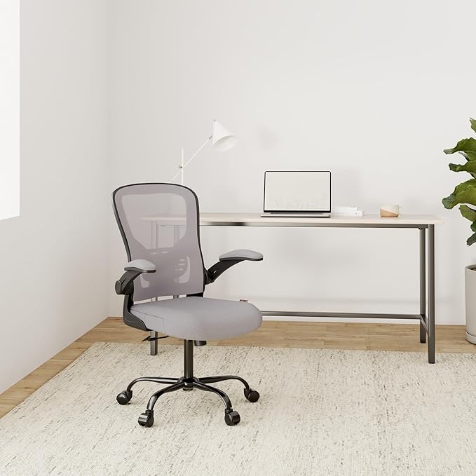 Flysky Ergonomic Office Desk Chair Breathable Mesh Swivel Computer Chair, Lumbar Back Support Task Chair, Grey Office Chairs with Flip-up Arms, Adjustable Height Executive Rolling Chair