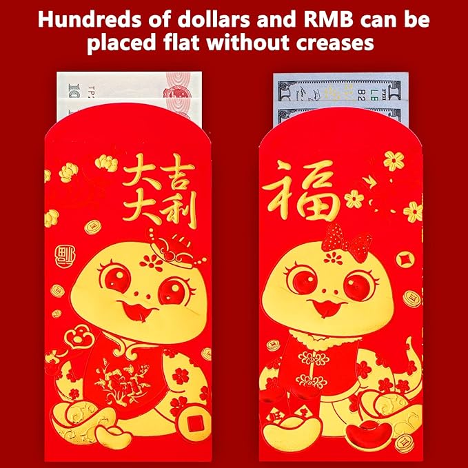 36PCS 2025 Snake Year Chinese Red Envelopes, 2025 Chinese New Year Red Envelopes, Hong Bao Red Packets Lucky Money Envelope for Spring Festival Wedding Birthday (Cute 12 Styles, Large)