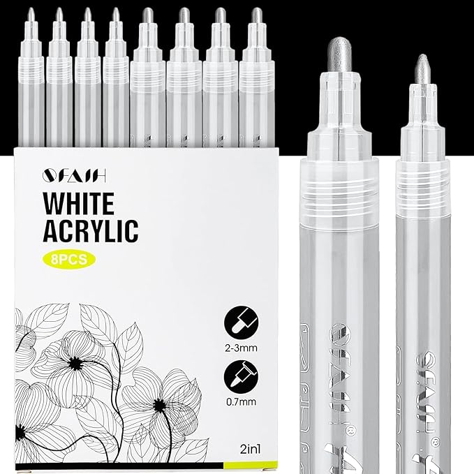 SFAIH Acrylic Silver Paint Pens - 8 Pack 2-3MM Medium Tip & 0.7MM Extra Fine White Paint Marker for Rock Painting, Wood, Metal, Fabric, Canvas, Glass, Ceramic, Diy Crafts