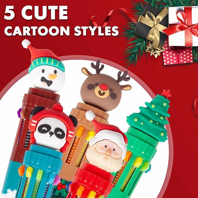 Cute Cartoon Christmas Multicolor Ballpoint Pen 0.7 mm, 10-in-1 Colored Pens Fine Point Retractable Ballpoint Pens for Office School Students Kids Christmas Gift, 5 Pack