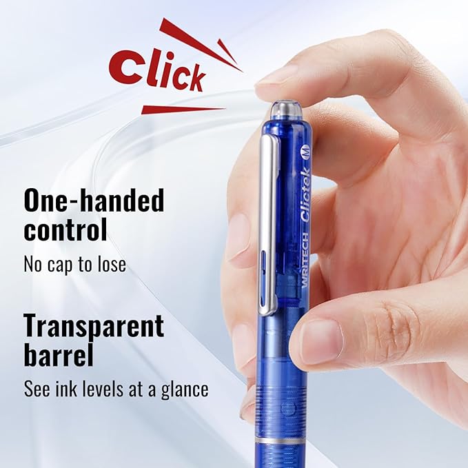 WRITECH Clictek Fountain Pen Retractable: Blue Ink Medium Nib Transparent Barrel, Gift Set Includes 5 Ink Cartridges for Smooth Writing No Leaking