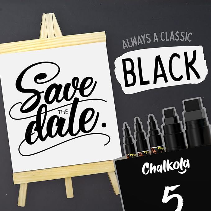 5 Black Chalkboard Chalk Markers - Black Dry Erase Markers for Blackboard, Chalkboard Signs, Windows, Glass | Variety Pack - Fine & Jumbo Size Ink Pen (1mm, 3mm, 6mm, 10mm, 15mm)