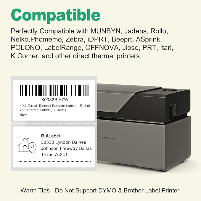 12 Rolls 4" X 2" Barcode Labels, 750/Roll - Direct Thermal Labels Compatible with Zebra & Rollo Printers