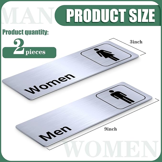 Brushed Aluminum Restroom Signs, Men and Women Modern Restroom Sign, 9 x 3 Inch Bathroom Door Signage Decor for Offices Business Restaurants (2 Pcs)