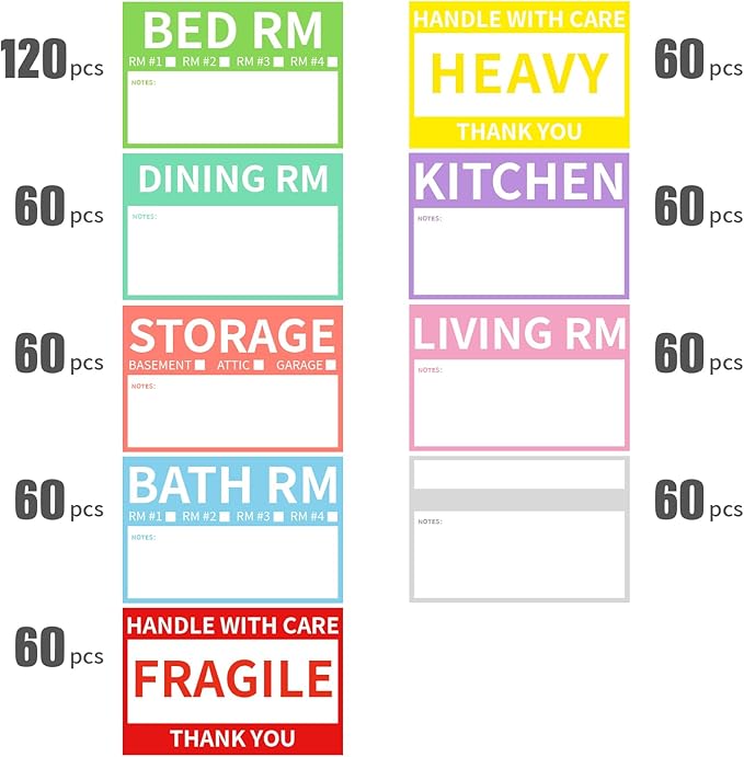 600 Pcs 2” x 3’’ Removable Home Moving Box Packing Labels for 1/2/3/4 Bedroom Rooms, 9 Designs Pre-Printed Color-Coded Moving Stickers Including Fragile 、Heavy and Blank Moving Labels for Boxes