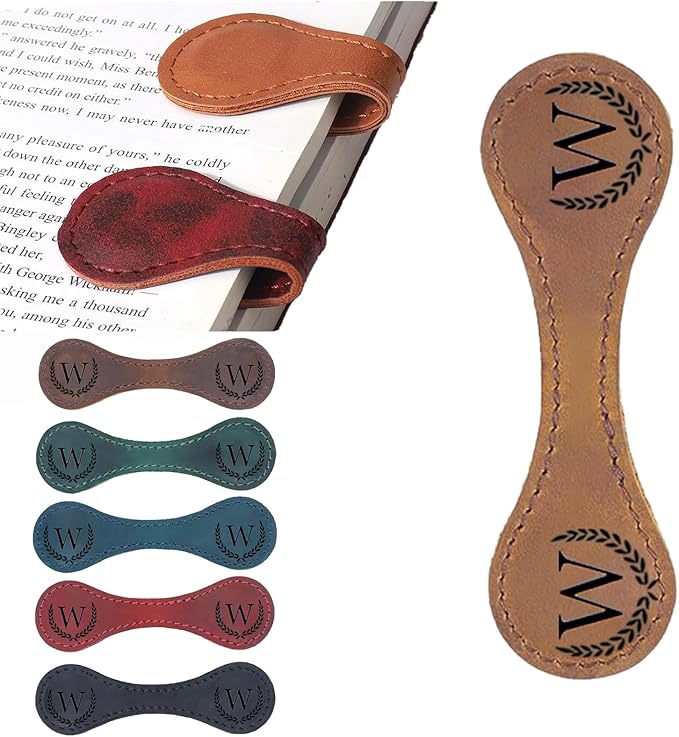 Personalized Magnetic Leather Bookmark, 26 Letters Custom Leather Bookmarks, Handmade, Leather Magnetic Bookmark for Book Lovers Readers Women Kid(Dark Yellow，W）