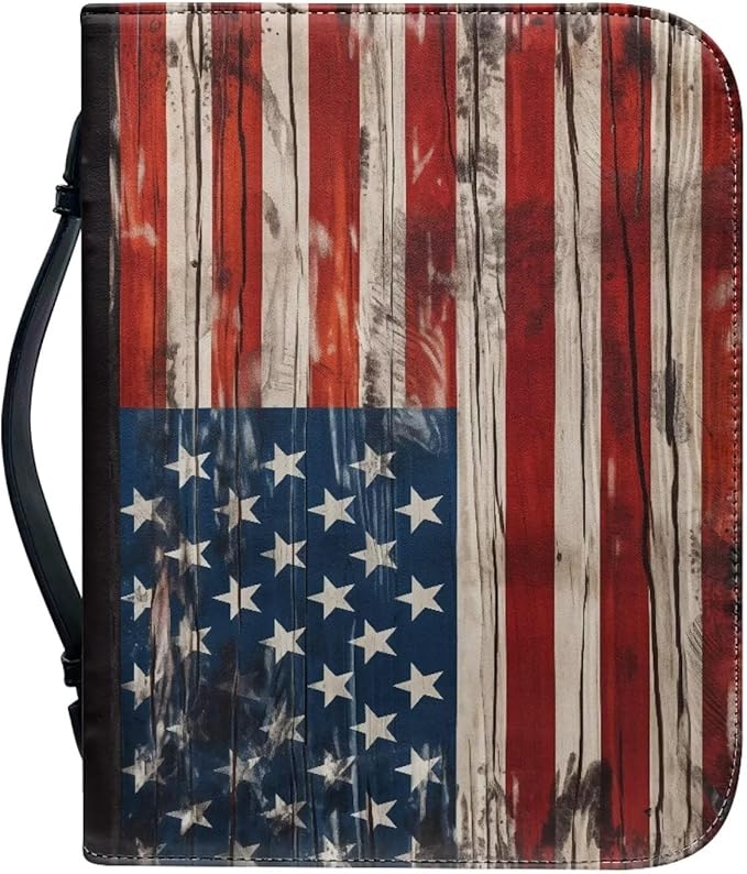 Lotusorchid American Flag Print Bible Case for Men, Zippered PU Bible Book Cover with Handle Pocket Portable Bible Cover Case Bible Cover Carrier Carrying Organizer Bag for Women, XL