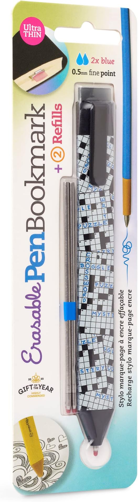 New Pen Bookmark with Refills | Erasable Ballpoint Gel Pen and Bookmark 3-in-1 | Ink Novelty Pen with Eraser | Page Marker | Book Marker | Page Holder Clip | Gift for Reader and Writer (Crosswords)