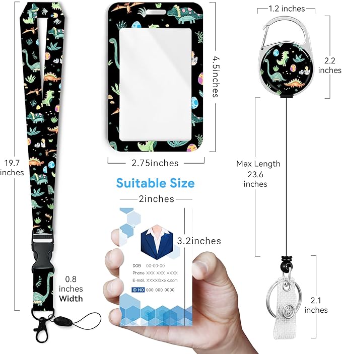 Cute Dinosaur Badge Holder with Retractable Reel and Breakaway Lanyard，Badge Clips Retractable Heavy Duty Badge Reel，Keychain，ID Holder with Breakaway Lanyard for School Nurse Office Teen