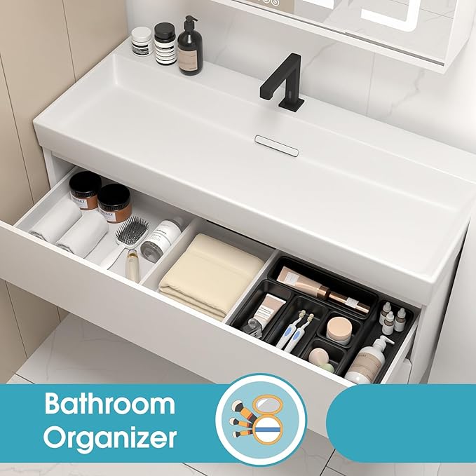 6 PCS Drawer Organizer Set, 3 Size Makeup Drawer Divider Organizer With Non-Slip Pads, Interlocking Plastic Storage Bins for Office,Jewelry Vanity,Gadgets, Bathroom,Kitchen, Black