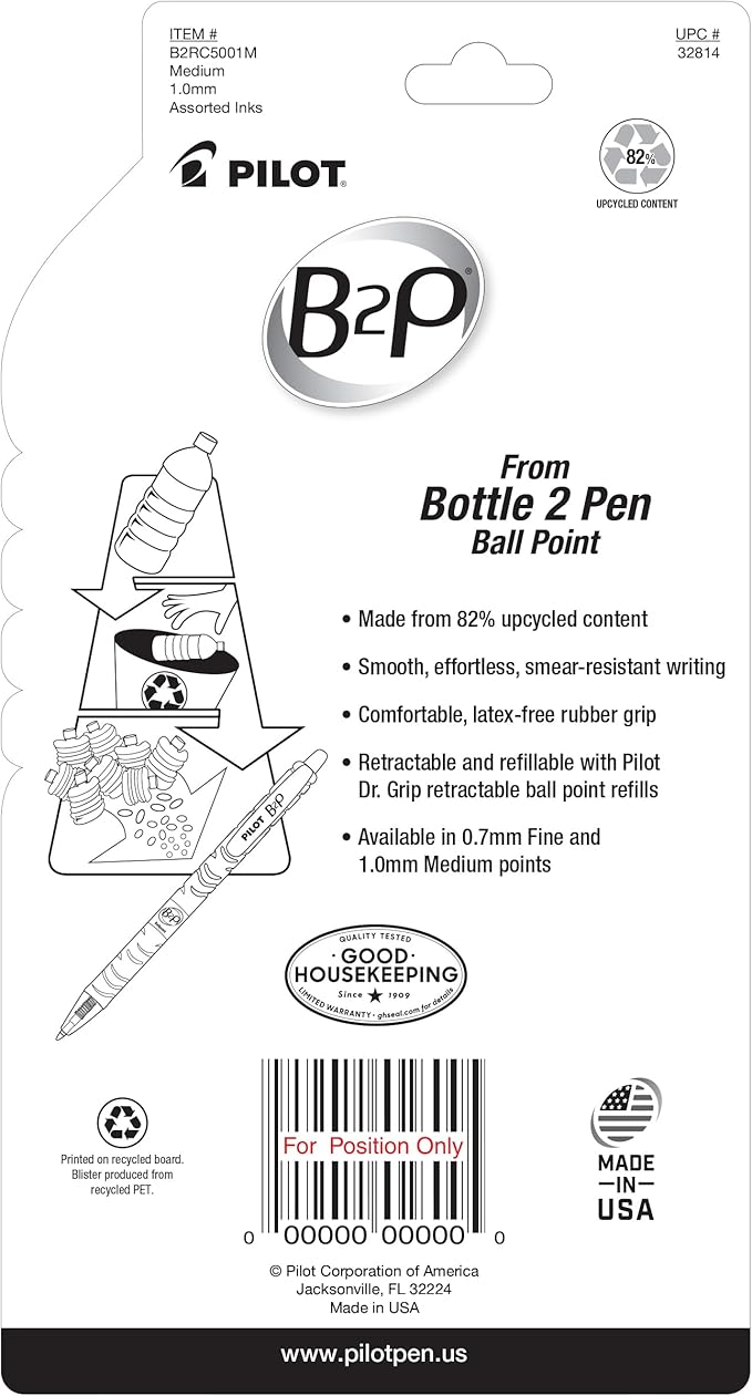 PILOT B2P - Bottle to Pen Refillable & Retractable Ball Point Pen Made From Recycled Bottles, Medium Point, Black/Blue/Red/Green/Purple Inks, 5-Pack (32814)