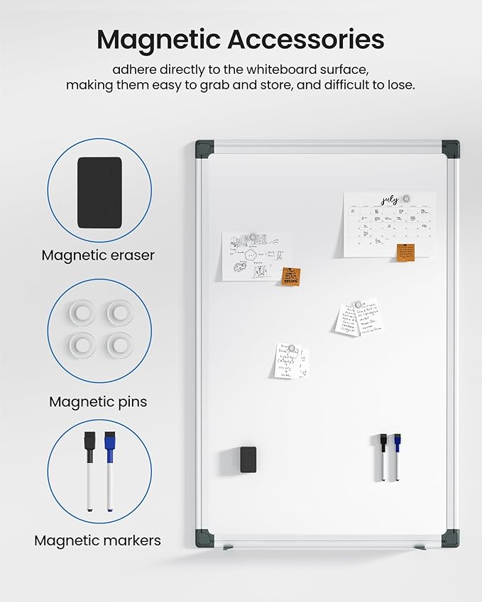VUSIGN 3PCS Magnetic White Board Kit for Wall 36" x 24", 3 Dry Eraser & 6 Multicolor Markers & 12 Magnetic Pins, Sliver Reinforced Aluminum Frame for Home, School, Office